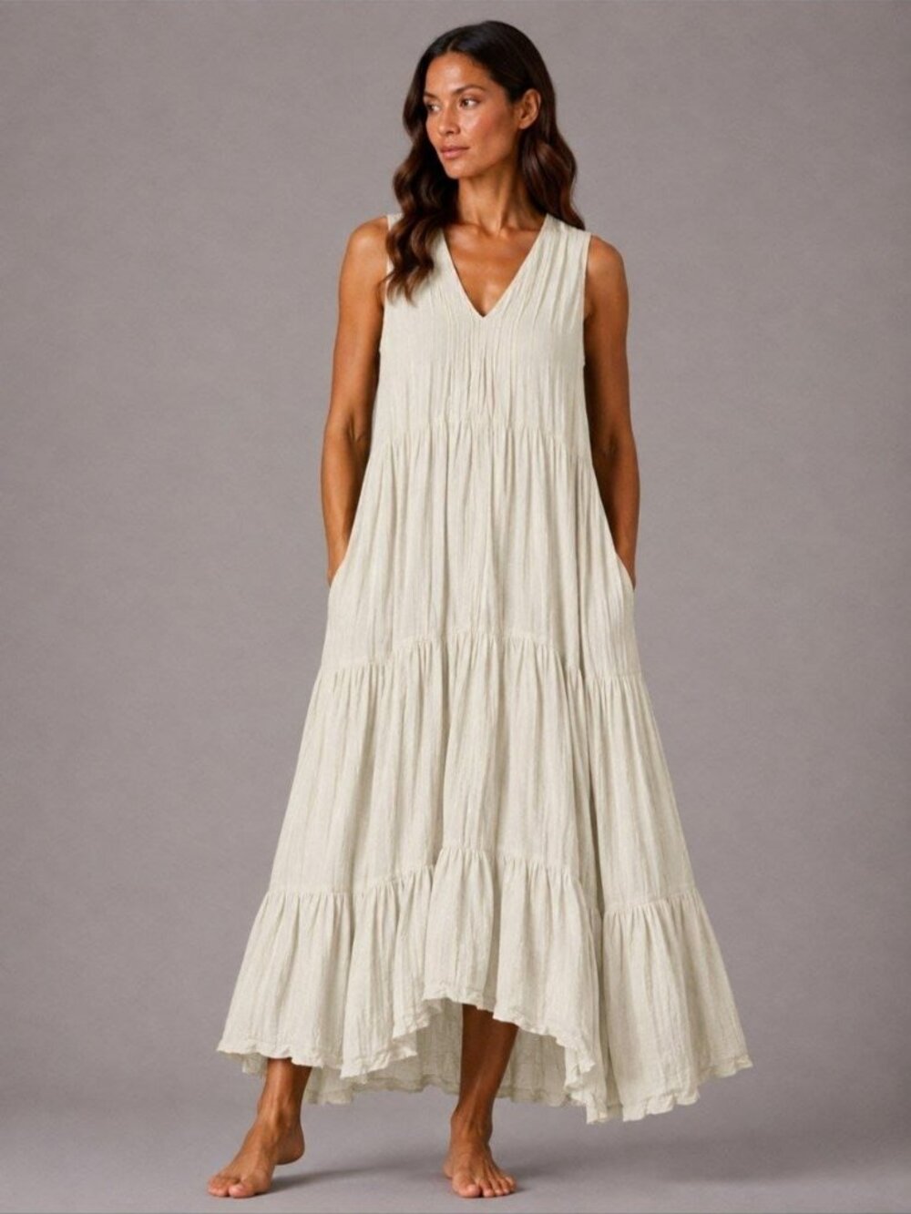 NEW Women’s Boho 100% Cotton Maxi Dress Ivory Lined V-Neck Pockets One Size L